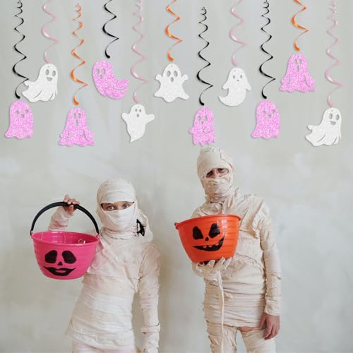 Halloween Ghost Hanging Swirl Decorations - White & Pink Glittery Party Decor Set of 24