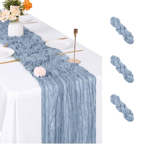 3 Pack Dusty Blue Cheesecloth Table Runner 17x108 Inch for Wedding Party Home Decor