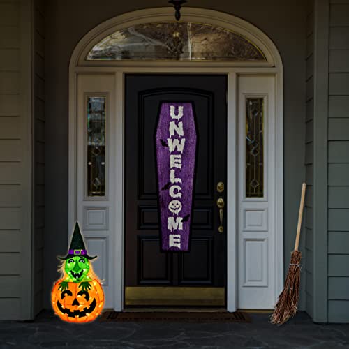 Halloween Lighted Sign Decoration with LED Lights - Pumpkin & Witch, 28 Inches