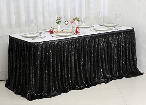 PartyDelight Black Sequin Table Skirt - 9ft Long x 30 Inch High, Black Variation