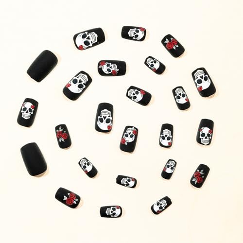 Halloween Press on Nails Black Matte Fake Nails Short Square with Skull & Rose Designs - Variation 648