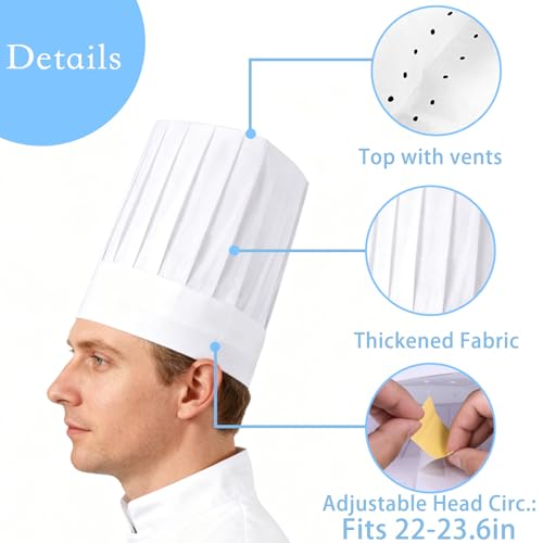24 Pack Disposable Chef Hats - 9 Inch Adjustable Tall White Paper Kitchen Caps