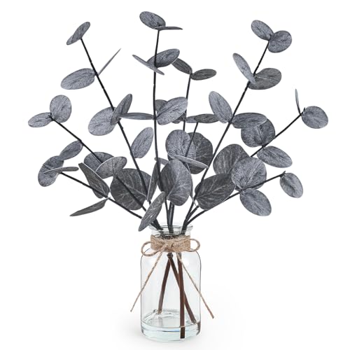 Black Faux Eucalyptus Stems in Glass Vase - Realistic Artificial Plants, 13.5" for Home Decor, Office & Farmhouse