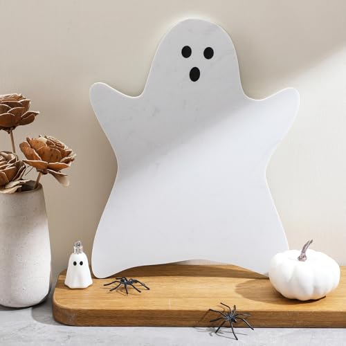 Halloween Ghost Marble Cheese Board - White Marble Charcuterie Platter, 11.8x9.8 Inch, Decorative Serving Tray for Halloween & Festive Parties