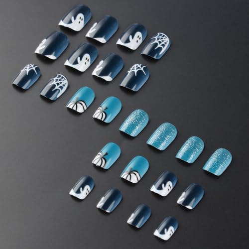 Halloween Short Square Press On Nails with Ghost Pumpkin & Web Design - Blue Glitter Full Cover Reusable 24Pcs - Variation: Color33
