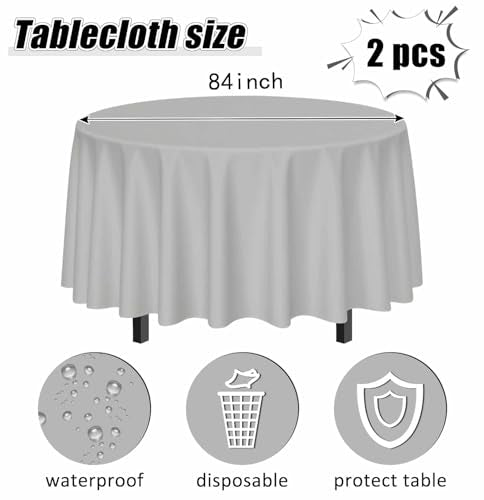 Silver Round Disposable Tablecloth 84x84 Inch Pack of 2 - Waterproof Party Cover
