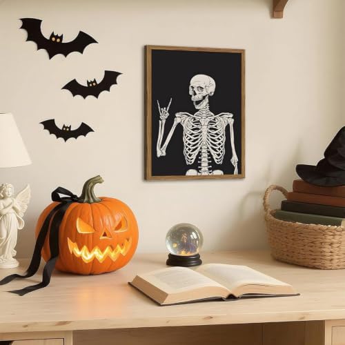 Halloween Skeleton Wall Art Framed Canvas 12x16 Inches Gothic Home Decor - Black Skull Skeleton - Variation B