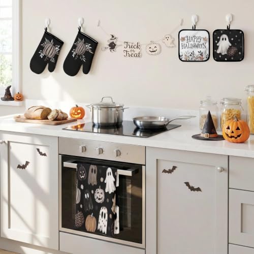 Halloween Ghost Kitchen Decor Set with Towels & Oven Mitts - Neutral Spooky Style