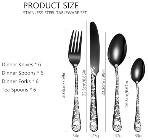 Halloween Skeleton Silverware Set 24 Piece Flatware for Dining Service - Silver