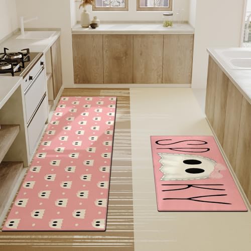Halloween Kitchen Mat Set of 2 Polka Dots Spooky Ghost Floor Rugs Non-Slip Washable Home Decor 2026