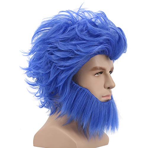 Men's Short Curly Blue Anime Cosplay Wig with Big Beard - Adjustable Fit