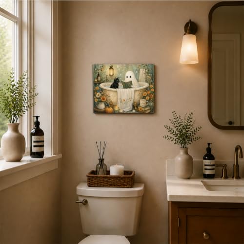 Halloween Bathroom Wall Art Decor H19 Spooky Ghost Black Cat Bathtub Canvas Wall Decoration