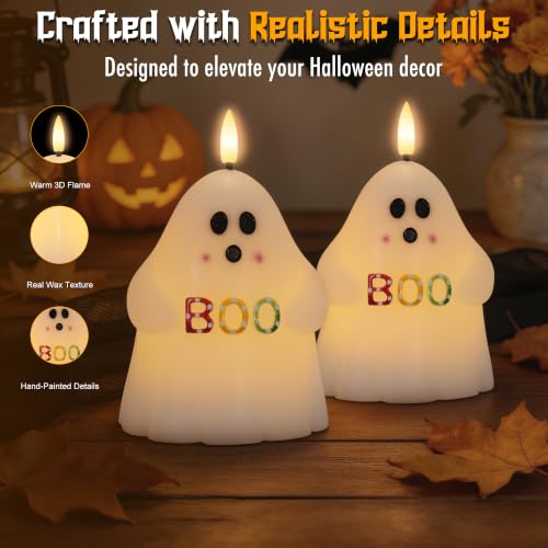 Halloween Ghost Flameless Candles with BOO - Colorful Variation, Remote Timer, Battery Operated