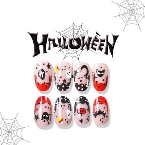 Halloween Design 04 Short Press-On Nails with Glitter Gothic Pumpkin Bat Ghost Tips - DIY Manicure
