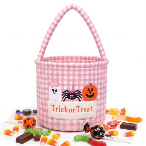 Pink Trick or Treat Halloween Candy Basket with Bow - Kids Gingham Tote