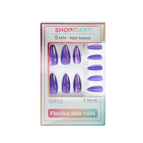 Cat Eye Press On Nails Medium 321 Purple Glitter - Reusable Fake Nails Kit