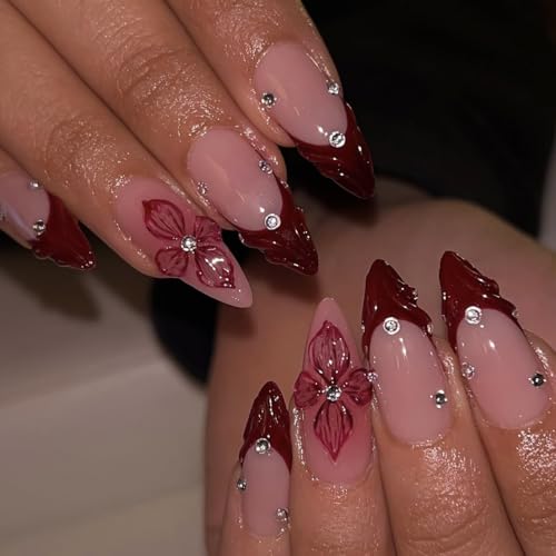 French Tip Press-On Nails Almond Medium with 3D Flowers - Style4