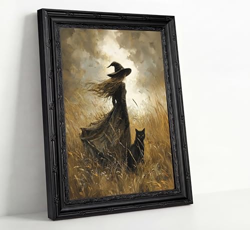 Halloween Witch and Black Cat Canvas Wall Art - 11x9 Inches, Framed, Spooky Home Decor