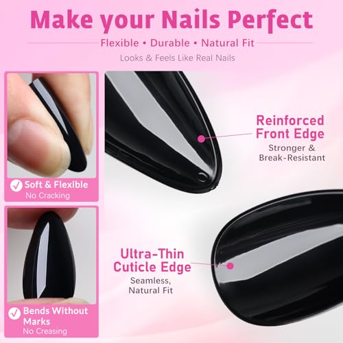 Black Almond Press On Nails Kit - 240pcs Medium Fake Nails with Glue & Adhesive Tabs