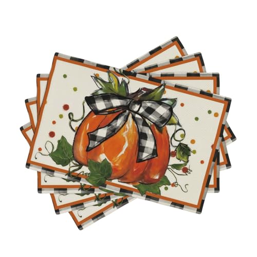 Autumn Pumpkin Buffalo Plaid Placemat Set of 4 - Fall Garden Linen Table Mats E