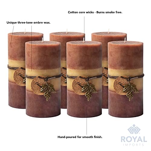 Fall Candles Set of 6 - 3x6 Inch Brown Ombre Pillar Candles with Rustic Decor - Variation of Brown-Ivory