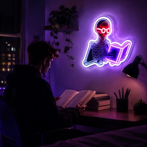 Reading Skeleton Neon Sign - Spooky Book Lover Wall Decor, Halloween Neon Light
