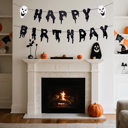 Halloween Birthday Banner with Ghost Masks - Spooky Party Decorations