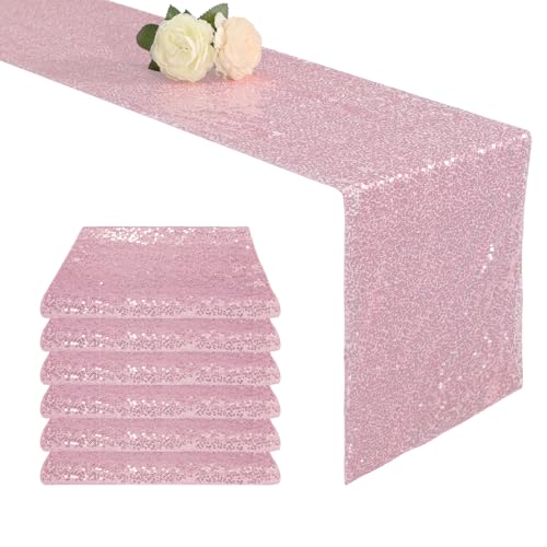 Pink Sequin Table Runner 12x72 Inch - Glitter Party Decor for Weddings & Events - 6 Pack - Pink