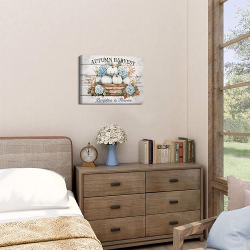 Fall Canvas Wall Art Farmhouse Pumpkins & Hydrangeas 16x12 Inches - Pumpkin02