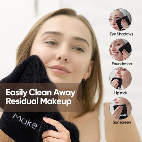 Black Makeup Remover Cloth 6 Pack - Washable Microfiber Face Towels 13x13 Inch
