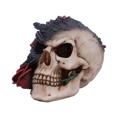 Gothic Skull Figurine with Red Roses and Black Smoke - Hand-Painted Resin Decor