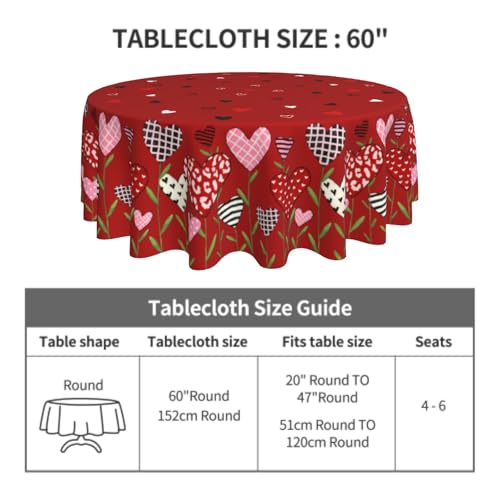 Plaid Love Hearts Valentine's Day Round Tablecloth 60 Inch Water-Resistant Washable Fabric Red Pink Black