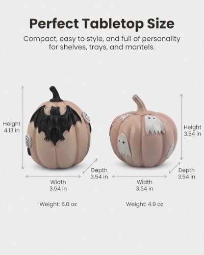 Halloween Pumpkin Figurines Set of 2 - Cute Resin Decor with Bat & Ghost - Pink Pumpkins