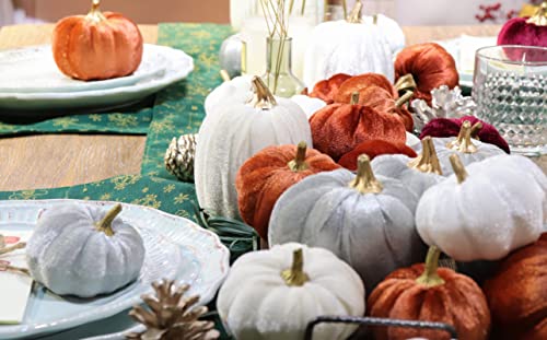 Velvet Pumpkins Fall Decor Set - Multi-Color Faux Autumn Harvest Halloween Thanksgiving Wedding Table Centerpieces - 18 Pieces