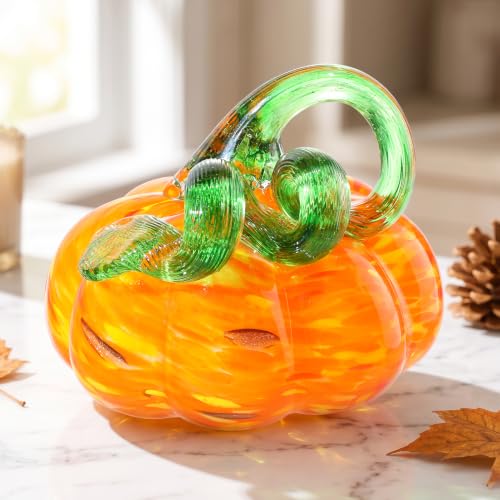 Bright Orange 3.5-Inch Handmade Blown Glass Pumpkin for Fall Home Decor