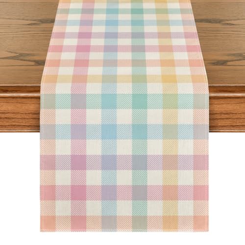 Colorful Buffalo Plaid Table Runner 13x48 Inch - Blue Pink Yellow Variation