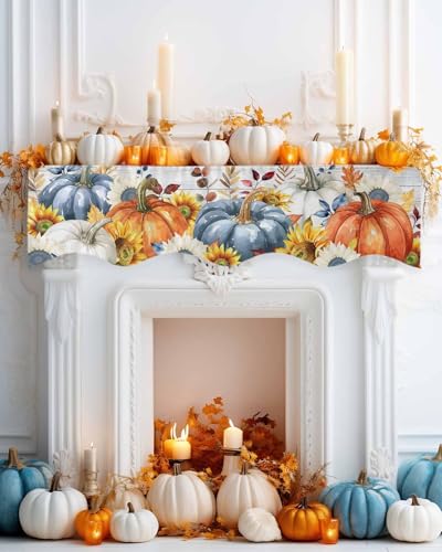 Fall Fireplace Mantel Scarf - Orange Blue Pumpkin Sunflower Rustic Decor 90 x 17 Inches - Fall Variation