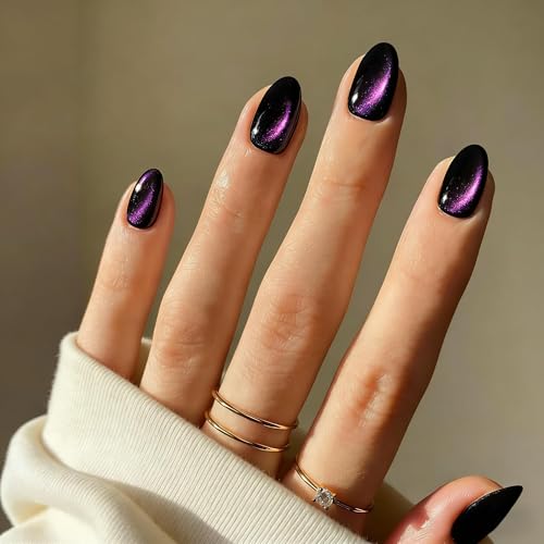 Cat Eye Press-On Nails Short Oval - Black Purple Glitter Chrome Finish, 30 Pcs, Reusable