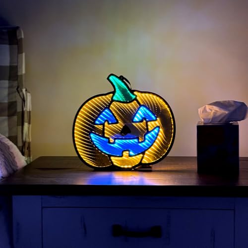 Halloween Jack O Lantern Infinity Mirror Light - 12x12 Indoor Decor with USB Power