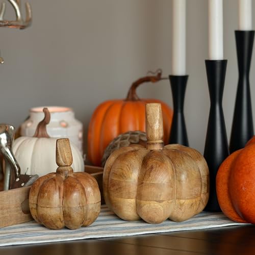 Farmhouse Pumpkin Figurines Set of 2 - Solid Wood Fall Decor