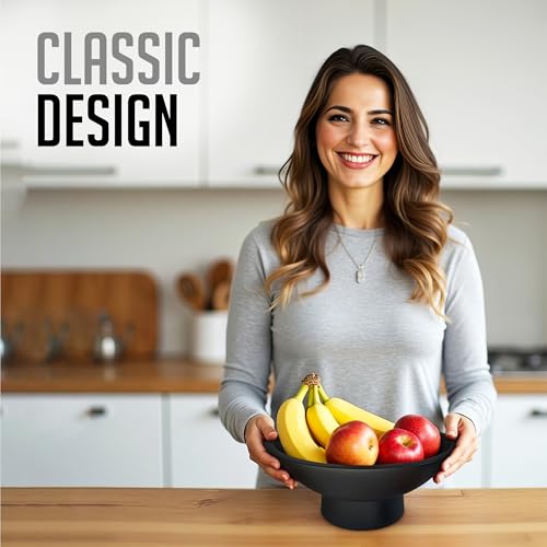 Black Pedestal Fruit Bowl 12 Inch - Wooden Decorative Centerpiece, Kitchen & Dining