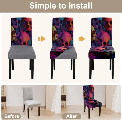 Set of 4 Colorful Skull Chair Covers Neon Gothic Halloween Decor - Variation #59