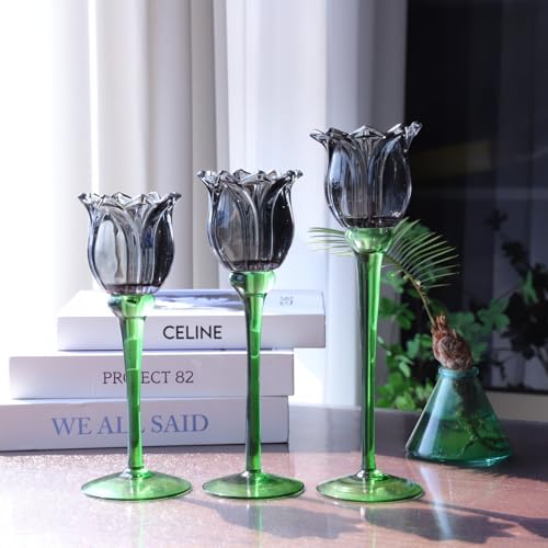 VOHO Black Flower Tealight Candle Holder Set of 3 - Halloween Theme, Votive & Tea Light Sizes, Black Tulip Design (Variation: Black / 3)