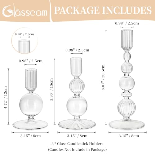 Clear Glass Candlestick Holders Set - 3 Tall Taper Candle Holders with Variation