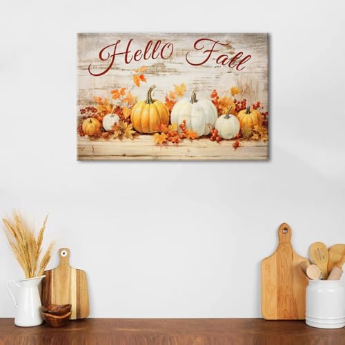 Rustic Fall Pumpkin Wall Art - Hello Fall Canvas Print with Maple Leaves, 16"L x 12"W