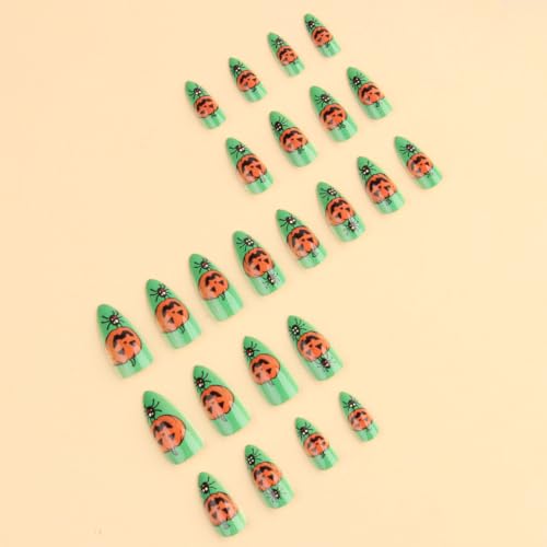 Halloween Press On Nails Medium Almond Bright Green Pumpkin Spider Style67