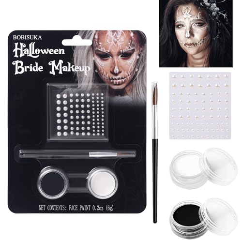 Halloween Face Paint Kit with Brush & Crystal Sheet for Spooky Makeup - Unisex