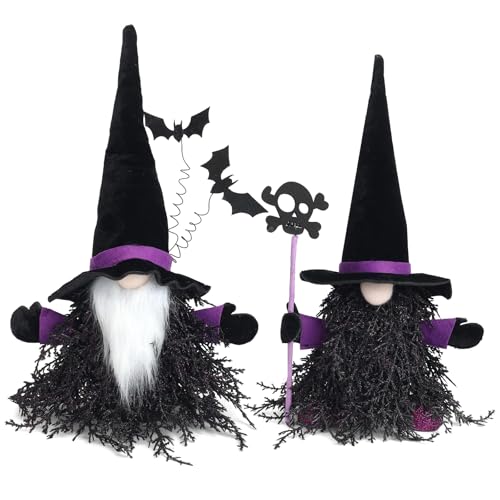 15 Inch Halloween Gnome Decor Set - Black & Purple Witch & Skull Gnomes, Indoor & Outdoor Halloween Tabletop Decorations