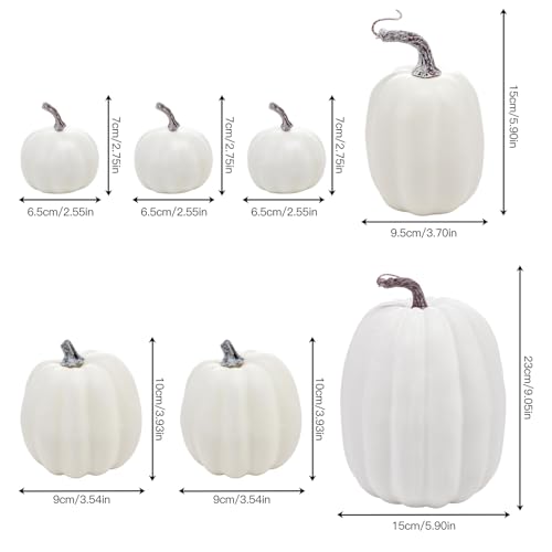 Artificial Pumpkins Set - White, 7 Varied Sizes for Autumn Fall Halloween Thanksgiving Farmhouse Decor