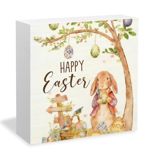 HYKDFMNCJ Bunny04 Easter Bunny Wooden Sign - Spring Desk Decor 5x5 Inch
